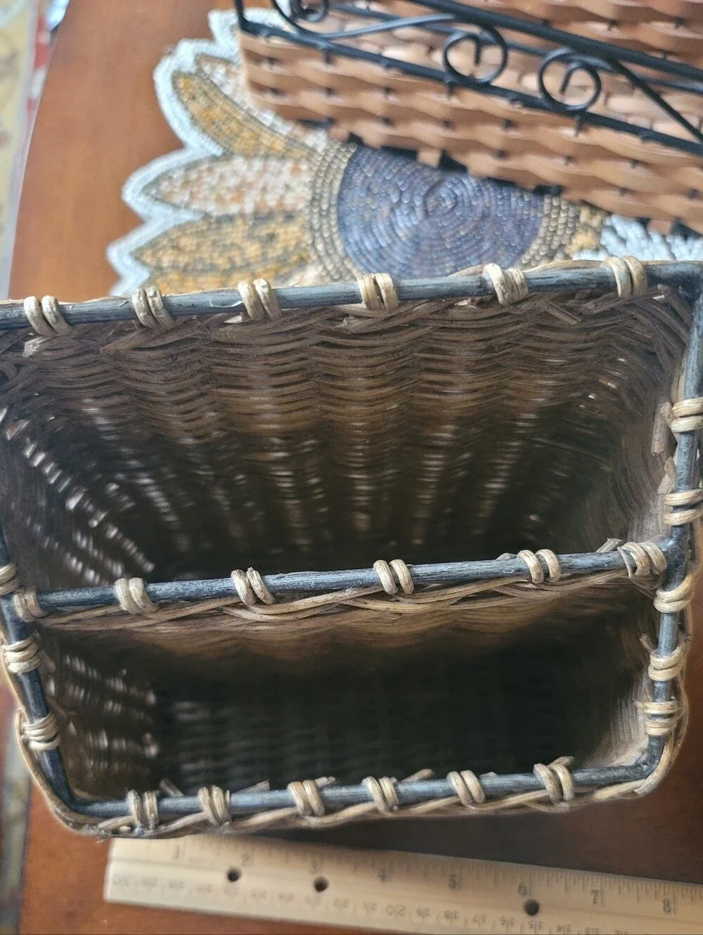 Wicker & Metal Letter/Pen Holder & File Holder & a Hand Woven Basket w/liner.